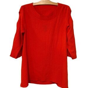 Ali Miles | Top Orange Red Tunic 3/4 Sleeves Textured Cutouts- Size Large